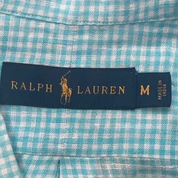 Ralph Lauren Polo Gingham Shirt Size Medium Blue 100% Linen - Picture 3 of 7